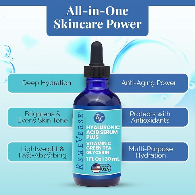RemeVerse Hyaluronic Acid Serum with Vitamin C & Green Tea Extract - 100% Pure Formulation for Face, Lips & Décolleté - Intense Moisture for Dry Skin & Fine Lines for a Youthful & Plump Look, 1 oz
