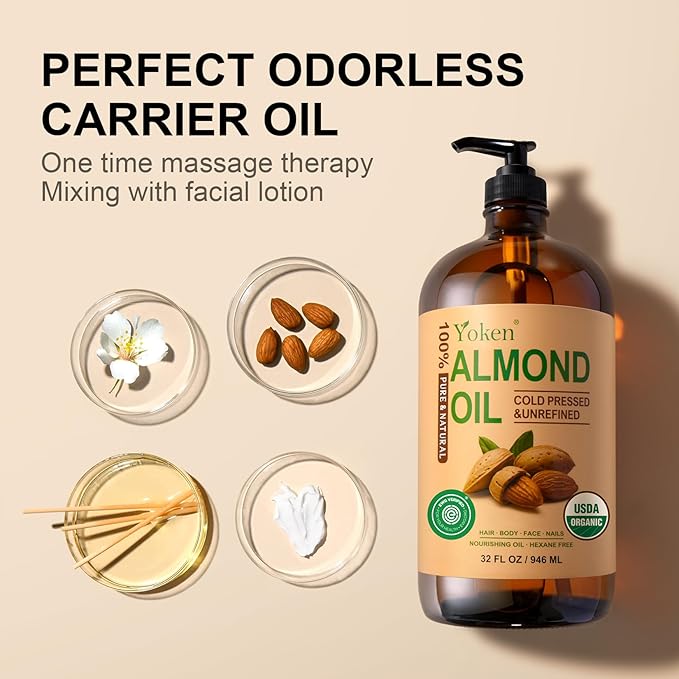 Yoken Organic Almond Oil 32 fl oz 100% USDA Pure Cold Pressed Glass Bottle Almond Oils for Skin, Hair, Face, Body Moisturizer, Smooth and Soft Skin, Base Carrier Oil for DIY, Massage