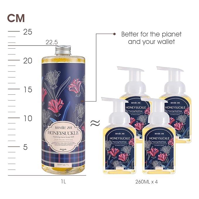 Foaming Hand Soap Refill Gift Set – Honeysuckle Scent – 3 Pack (1000ML Each) with Dispenser, Gentle & Moisturizing Plant-Based Formula – Bulk Refill Bottles for Bathroom & Kitchen Use