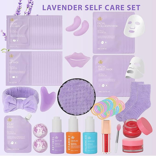 Lavender Face Sheet Mask Pack, 55Pcs Skin Care Kit for Women, Overnight Collagen Mask, Gel Lip Mask, Clay Mask, Hyaluronic Acid Face Serum, Spa Headband, Beauty Care, Christmas, Birthday, Mother Day