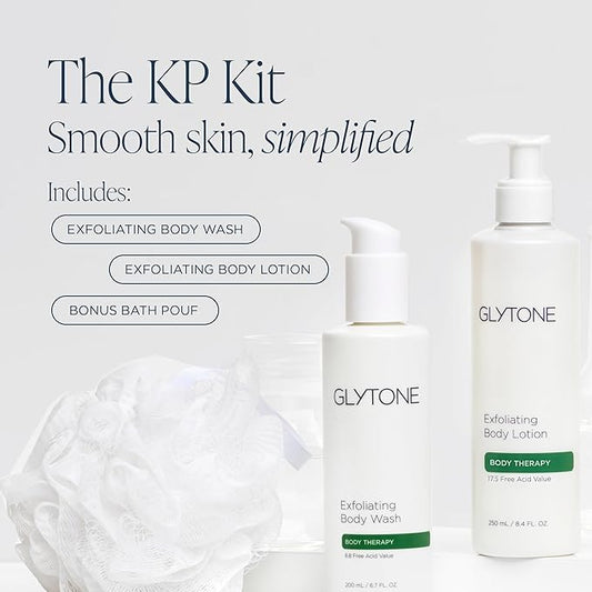 Glytone KP Kit – Exfoliating Body Wash, Glycolic Acid Lotion & Shower Pouf for Keratosis Pilaris – Smooth Rough Bumpy Skin, Fragrance-Free Skincare Routine for Dry Skin & Chicken Skin – Routine Kit