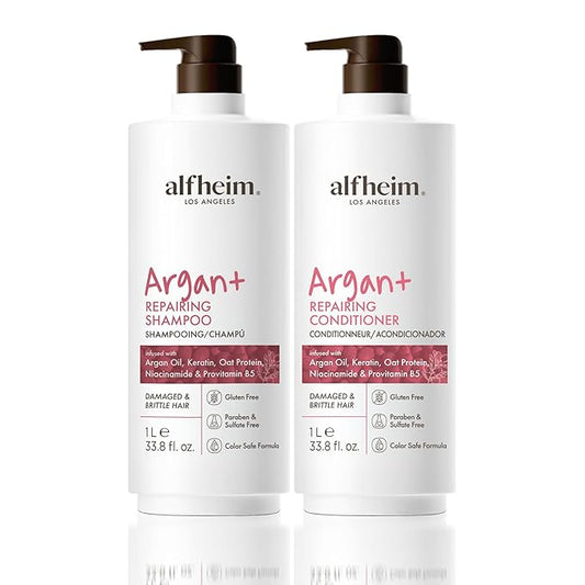 Alfheim Argan Repairing Shampoo & Conditioner Set | Sulfate-Free for Dry ＆ Damaged Hair | Argan Oil, Keratin & Niacinamide Infused to Strengthen ＆ Moisturize, Reduce Breakage ＆ Anti-Frizz | 33.8oz*2
