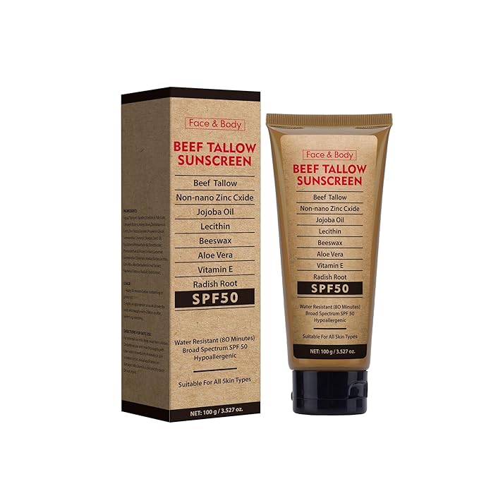 Beef Tallow Sunscreen for Face & Body - Natural Reef Safe Sunblock, Non Greasy Clean Formula, Travel-Friendly Summer Outdoor Sun Protection, 2.46 OZ