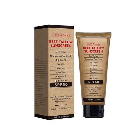 Beef Tallow Sunscreen for Face & Body - Natural Reef Safe Sunblock, Non Greasy Clean Formula, Travel-Friendly Summer Outdoor Sun Protection, 2.46 OZ