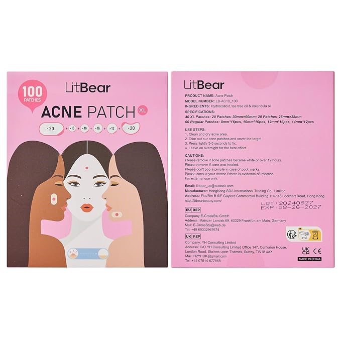 LitBear Large Acne Pimple Patches, 6 Sizes 100 Patches for Large Breakouts, Acne Patches for Face, Chin or Body, Acne Spot Treatment with Tea Tree & Calendula Oil, Hydrocolloid Bandages for Acne Skin