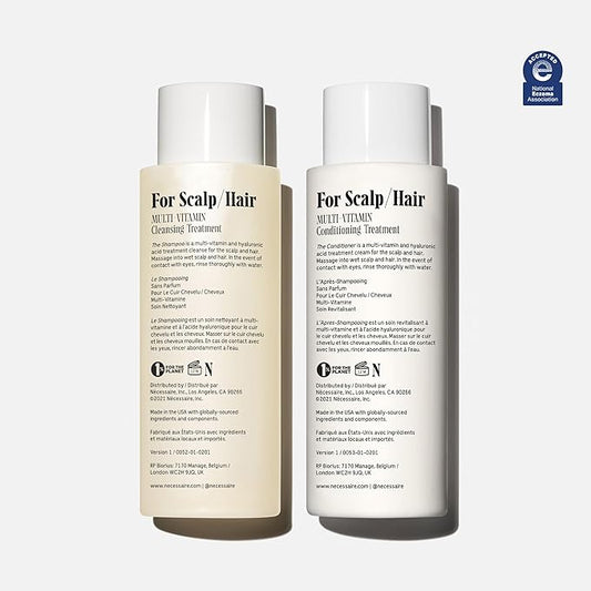 Nécessaire The Hair Duo - Shampoo and Conditioner Set 2 x Full-Size. The Shampoo + The Conditioner. Hyaluronic Acid + Vitamin B Complex. Fragrance-Free. Approved by the National Eczema Association.