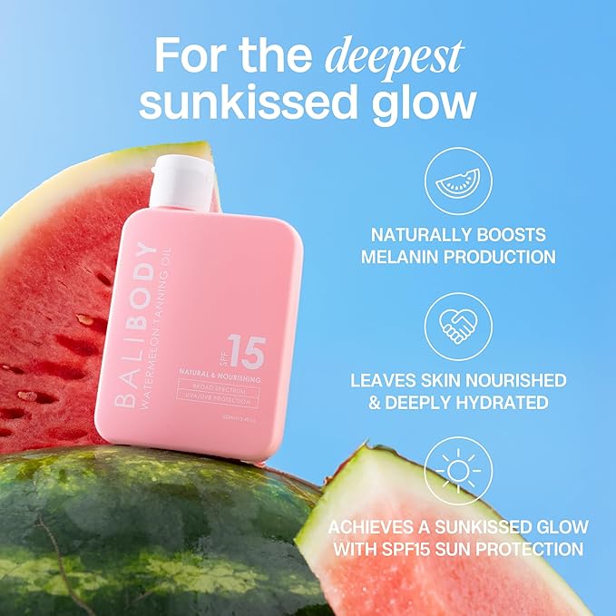 Bali Body Watermelon Tanning Oil SPF 15 | Melanin Stimulator for Sun Protection | Infused with Natural Oil | Fruity Scent Summer Essential for Golden Deep Glow | Vegan, Cruelty Free (100ml/3.4 fl oz)