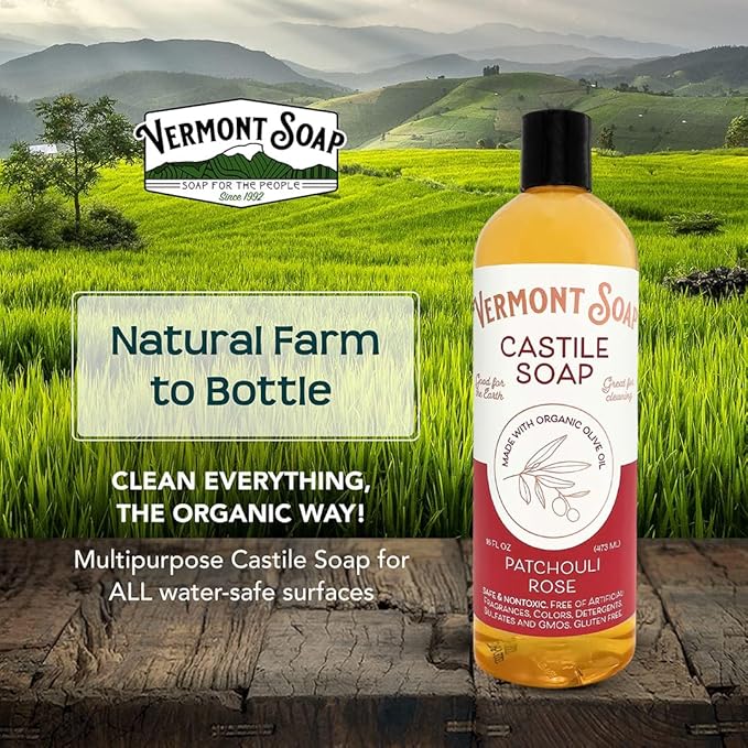 Vermont Castile Soap Patchouli Rose, Gentle Liquid Soap for Sensitive Skin & Natural Body Wash, Organic Hair Shampoo for Oily Hair, Aloe Castile Soap for Men & Women - 16 Oz