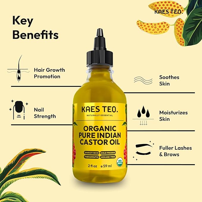 Organic Castor Oil 100% Pure Cold Pressed 2 Fl Oz Extra Virgin Unrefined Hexane Free - USDA Certified Organic, Golden Castor oil for Face, Skin, Hair, Eyebrows - Boost Hair Growth