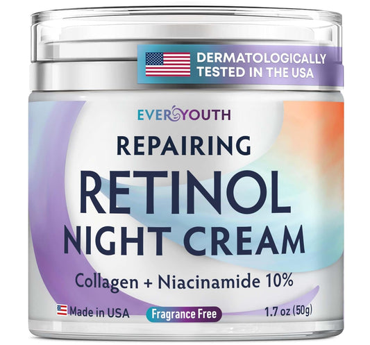 Retinol Night Cream for Women – Anti-Aging Face Moisturizer with Collagen & Niacinamide – Hydrating Overnight Facial Cream for Wrinkles, Fine Lines & Dark Spots – Made in USA, 1.7oz