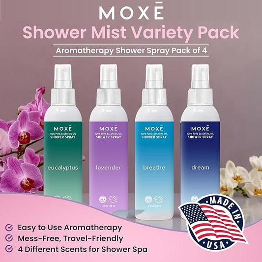 MOXE Aromatherapy Shower Mist Variety Pack, Eucalyptus, Lavender, Breathe and Dream, Spa Steam Spray, Natural 100% Essential Oils, Made in USA, Aromatherapy, Sinus Congestion Relief, 4 Pack (8oz)