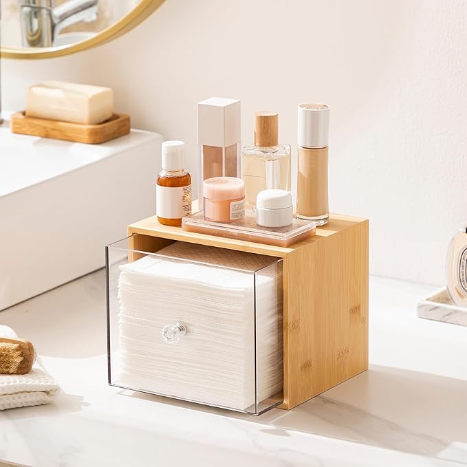 HBlife Bamboo Disposable Face Towel Holder Compatible with Clean Skin Club Face Towel XL, Wall-Mounted Acrylic Storage Box with Drawer for Makeup Remover Wipes for Vanity and Bathroom