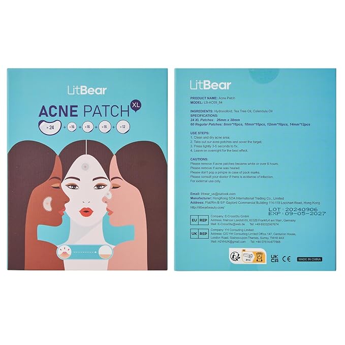 LitBear Acne Patches Large, Hydrocolloid Pimple Patches for Breakouts, Zit and Blemish, Acne Patches for Face, Chin, Back and Body with Tea Tree Oil