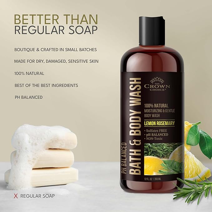 Natural Body Wash for Women, Men & Kids - Organic Lemon Rosemary - 12oz pH 5.5-Best pH Balance-Liquid Soap for All Skin Types-Moisturizing Sulfate & Chemical Free Shower / Bath Liquid Gel (1 PK)