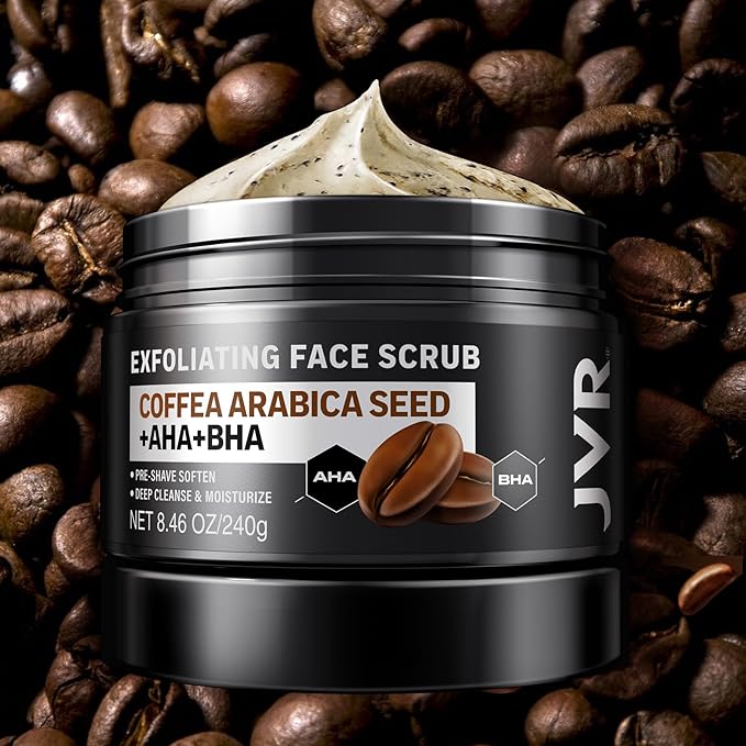 Face Scrub for Men, Facial Scrub for Deep Exfoliating, Cleansing, Removing Blackheads, Ingrown Hairs, Pre-shave Soften, Organic Formulated with Coffee Extract, AHA and BHA Face Exfoliator (8.46 oz)