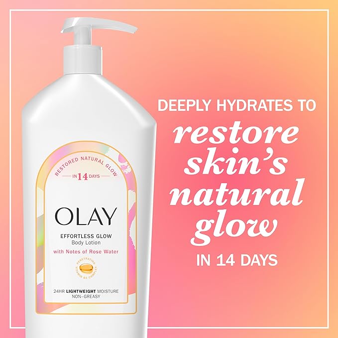 Olay Body Lotion for Women, Effortless Glow, Restore Natural Glow, 24hr Moisturizing & Deep Hydration, Absorbs Instantly, Penetrating Vitamin B3 Complex, For All Skin Types, Rose Water Scent, 18 fl oz