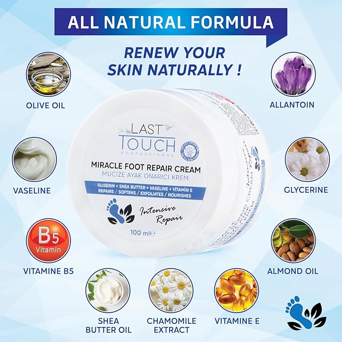 LAST TOUCH Miracle Cracked Repair Foot Care Cream - Foot Cream Dry Cracked Heels - Guaranteed Relief Worn, Cracked, Dry, Callused Feet - Athletes Foot Cream - Soft Smooth Feet 3.38 Fl Oz