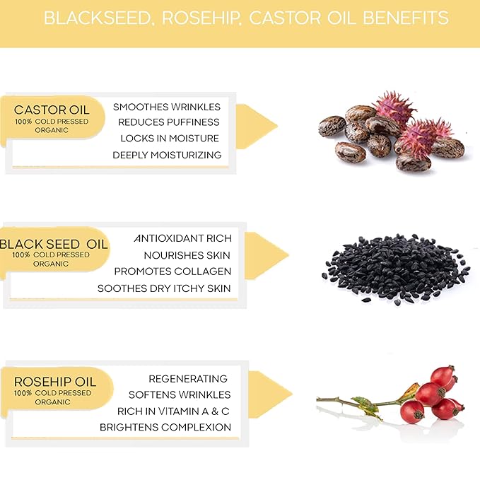 Black Seed, Rosehip & Castor Oil Organic Cold Pressed Fortifying Face Oil Anti-Age Facial Moisturizer Hydrating, Nourishing Miracle Oil Serum Glow for Dry Wrinkled Skin Natural Skincare (2 FL OZ)