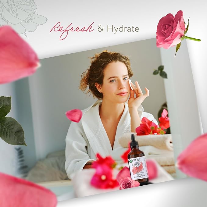 HBNO California Bottled Organic Rose Water for Face 4 fl oz (120ml) - USDA Certified Organic Rose Water Spray for Cleansing- Pure Rosewater for Hair - Rosewater Face Mist