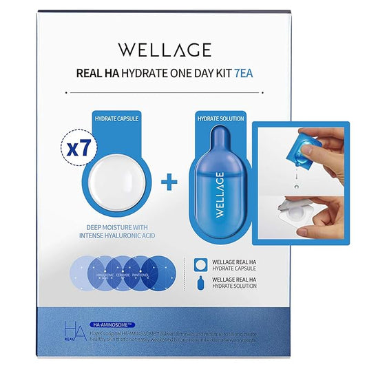WELLAGE Real Hyaluronic Acid Hydrate One Day Kit Serum 7ea, Korean Beauty Secret Ampoule, High Concentration HA Ceramide 8 Herbal Extracts for Firming and Moisturizing Special Day Care