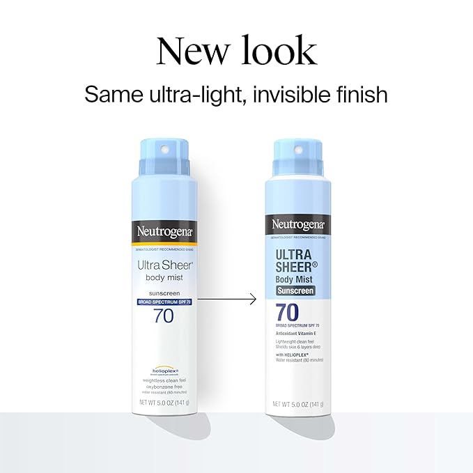 Neutrogena Ultra Sheer Body Mist Sunscreen Spray, Broad Spectrum SPF 70, Lightweight Spray Sunscreen, Non-Greasy & Water Resistant, Oil-Free & Non-Comedogenic UVA/UVB, 5 oz, Pack of 3