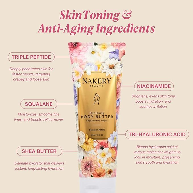 Nakery Skin Toning Body Butter for Women - Firming Body Lotion for Women - Peptide Infused Body Lotion for Crepey & Sagging Skin - Firming Lotion for Neck, Arms & Legs - Summer Petals