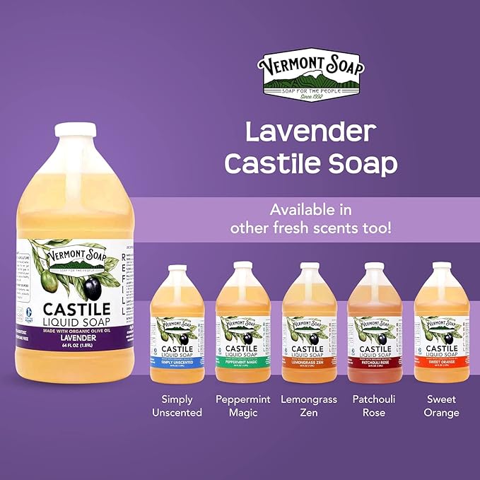 Vermont Castile Soap Lavender, Gentle Liquid Soap for Sensitive Skin & Natural Body Wash, Organic Hair Shampoo for Oily Hair, Aloe Castile Soap for Men & Women - 64 Oz