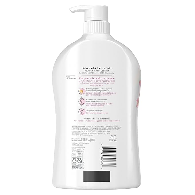 Olay Body Wash for Women, Fresh Radiance, Refreshing & Renewing, Made with Plant Based Cleansers, B3 Botanical Complex, For All Skin Types, Peach & Cherry Blossom Scent, 33 fl oz
