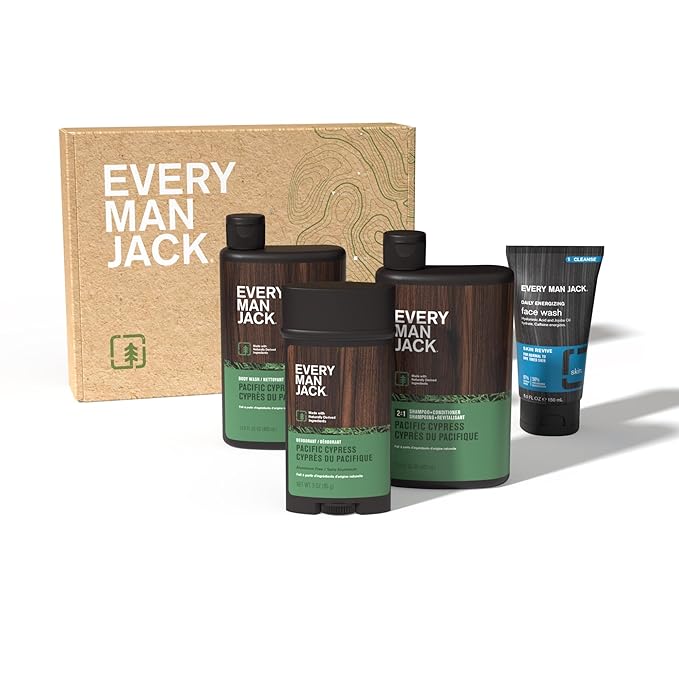 Every Man Jack Men’s Pacific Cypress Bath and Body Gift Set - Clean Ingredients & Conifer Branches, Sea Salt, and Citrus Scent - Body Wash, 2-in-1 Shampoo, Deodorant & Face Wash
