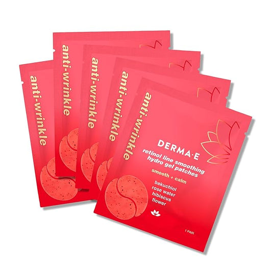 DERMA E Retinol + Bakuchiol Under Eye Patches (5 Pairs) Non-Irritating, Line Smoothing Hydro Gel Eye Patches with Rose Water & Real Hibiscus Petals, Helps Reduce Fine Lines, Crows Feet & Wrinkles,10Ct