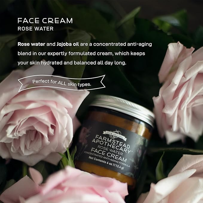 Farmstead Apothecary 100% Natural Anti-Aging Face Cream with Jojoba Oil, 4 oz (Rose Water)
