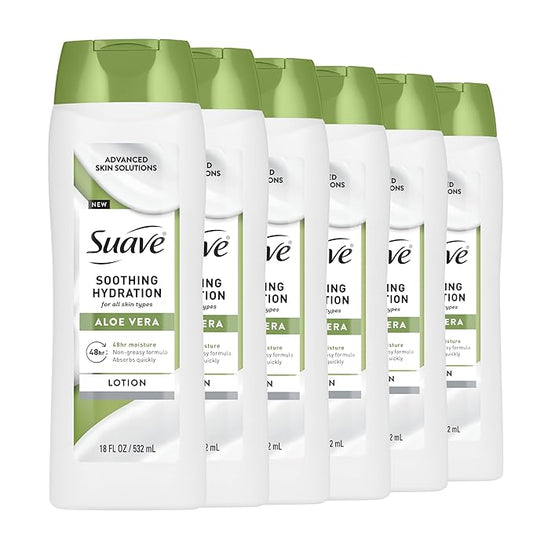 Suave Soothing Hydration Hand & Body Lotion With Aloe Vera Refreshes Dry Skin, Fast Absorbing, Intensive Moisturizing Cream For Women, Non Greasy, Allergen Free, 18 FL OZ, 6 Pack