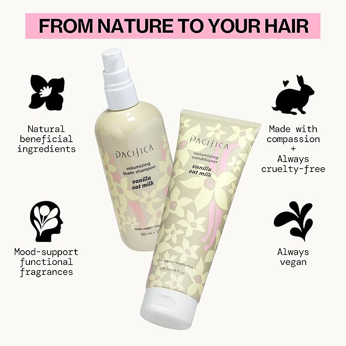 Pacifica Vanilla Oat Milk Hair Conditioner – Volumizer for Fine/Flat Hair, Weightless Oat Milk & Apple Extract for Bounce & Smoothness, Silicone Free Clean Beauty, Vegan Cruelty-Free