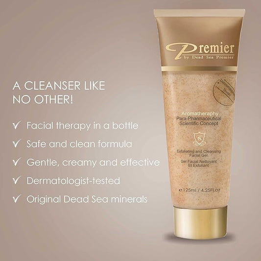 Premier Dead Sea Classic Para-Pharmaceutical Exfoliating Cleansing, Micro Grains Face Facial Gel Cleanser scrub Contains Dead Sea Minerals, non drying, Aromatherapy Scientific Concept 4.25Fl oz (X1)