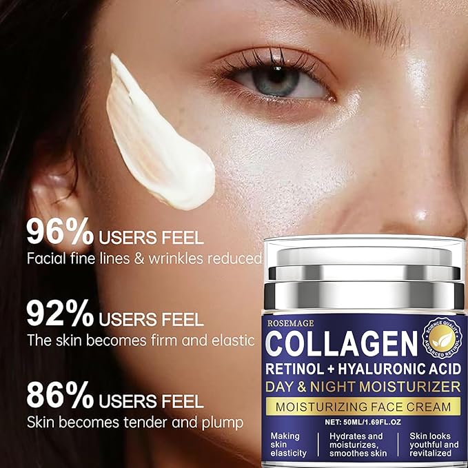 Rosemage Collagen Retinol Face Cream with Hyaluronic Acid, Day and Night Moisturizer for Anti-Aging, Hydrating Face Cream, 1.69 Fl Oz