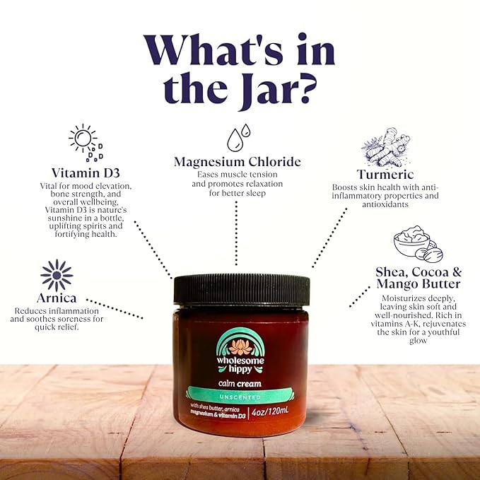 WHOLESOME HIPPY Calm Cream – Unscented Body Butter with Magnesium, Vitamin D3, Shea, Arnica & Turmeric – Vegan Hydrating Moisturizer for Sensitive Skin & Self-Care – 4oz