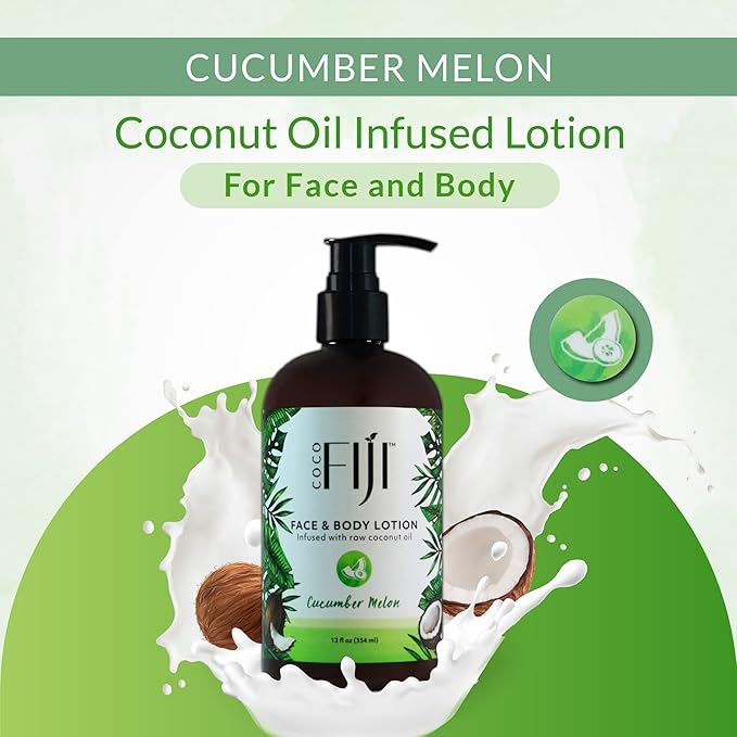 Coco Fiji Face & Body Lotion Infused With Coconut Oil | Lotion for Dry Skin | Moisturizer Face Cream & Massage Lotion for Women & Men | Cucumber Melon 12 oz, Pack of 3