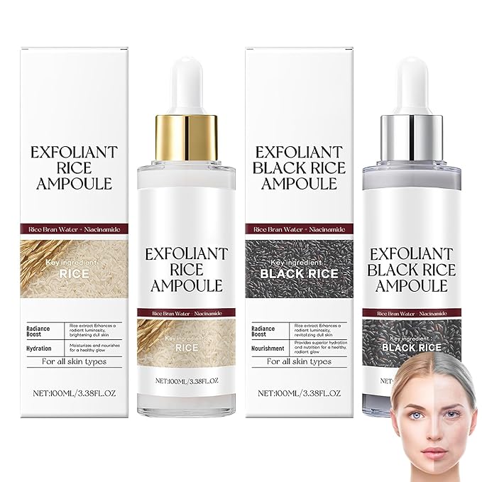 Rice Exfoliant Ampoule Duo, Black and White Face Peeling Solution, Moisturizing Pore Minimizer, 2-Pack, 100ml