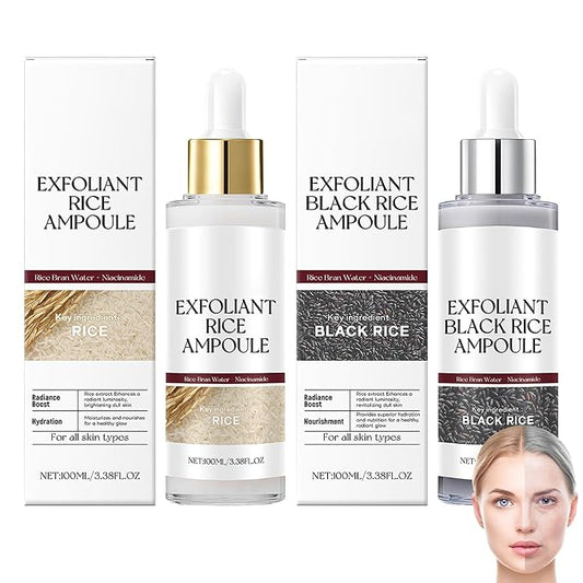 Rice Exfoliant Ampoule Duo, Black and White Face Peeling Solution, Moisturizing Pore Minimizer, 2-Pack, 100ml
