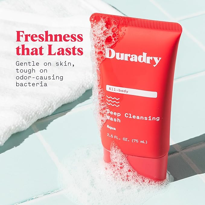 Duradry Deodorizing Body Wash for Women and Men - Odor control, Deep Cleansing, Nourishes and Moisturizes Skin, Made with Natural Ingredients - Aqua Fragrance, Travel Size - 2.5 Fl Oz (Pack of 3)