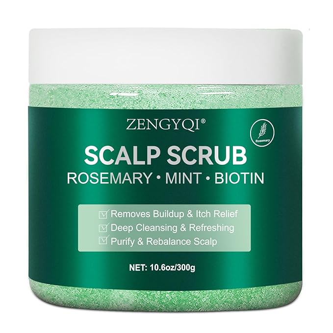 Scalp Scrub, Rosemary & Mint Oil & Biotin Scalp Exfoliator Scrub Shampoo with Silicone Cleansing Massager, Hair Treatment for Itchy Scalp, Dandruff & Buildup Removal & Thick and Strong Hair Growth