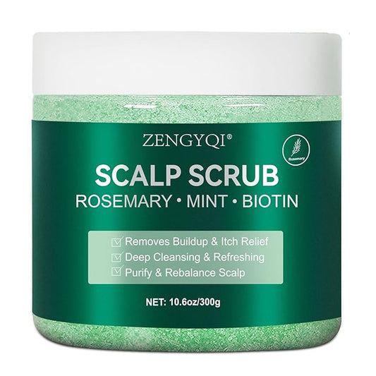 Scalp Scrub, Rosemary & Mint Oil & Biotin Scalp Exfoliator Scrub Shampoo with Silicone Cleansing Massager, Hair Treatment for Itchy Scalp, Dandruff & Buildup Removal & Thick and Strong Hair Growth