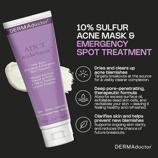 DERMAdoctor Sulfur Acne Treatment - Clay Mask & Acne Spot Treatment | Face Mask Blackhead Remover - Bentonite Clay Detox | Non-Irritating Non-Drying Calming & Soothing with Natural Exfoliants - 2.3 Oz