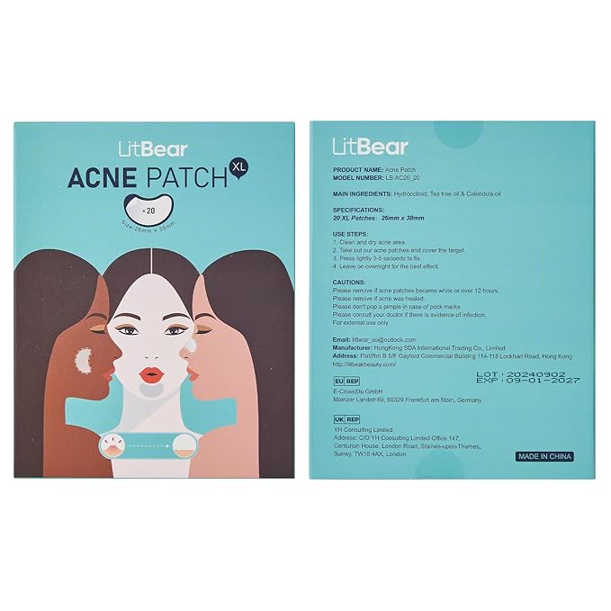 LitBear Acne Patches Large, Hydrocolloid Pimple Patches for Breakouts, Zit and Blemish, Large Acne Patches for Face, Chin, Back and Body with Tea Tree & Calendula Oil
