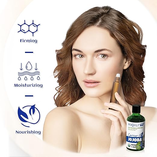 HIQILI 100ML Jojoba Oil Organic for Hair Growth,100% Pure Cold Pressed Unrefined, Included Roller Bottle for Massage - 3.38 Fl Oz