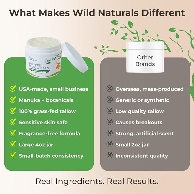 Wild Naturals Whipped Tallow Honey Balm, Grass-Fed Beef Tallow Balm for Skin with Manuka Honey & Shea Butter, Thick & Unscented for Dry, Sensitive, & Reactive Skin