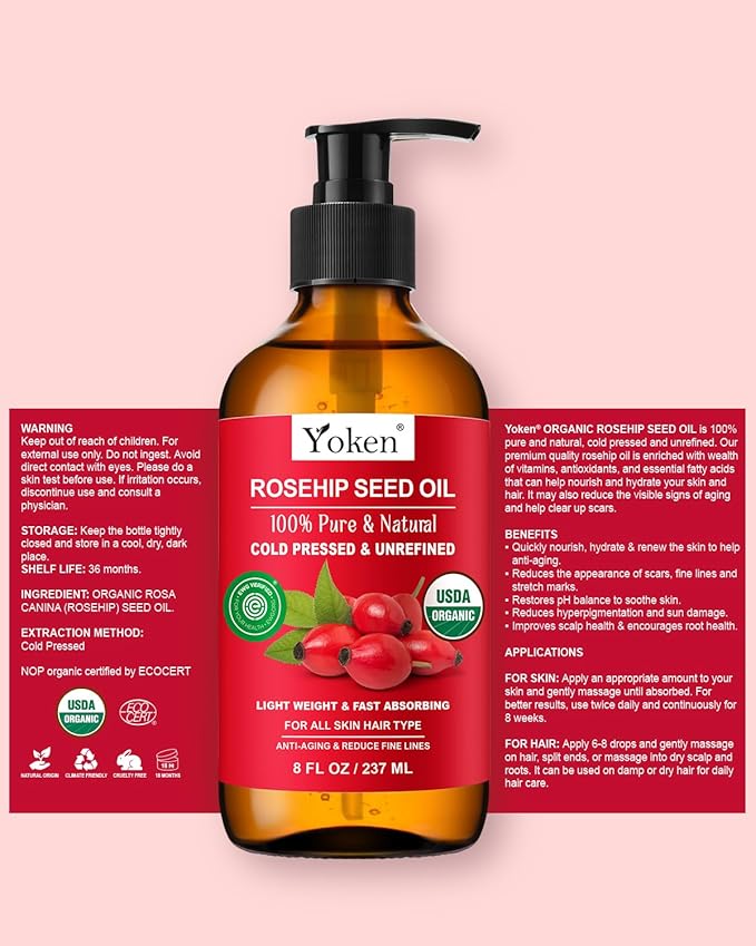 Yoken Rosehip Seed Oil Organic, USDA Certified 100% Pure Rosehip Oils for Face, Hair & Body, 8 fl oz Cold Pressed Rose Hip oil for Skin Moisturizing, Scar Fading, Gua Sha, Massage, Carrier Oil DIY