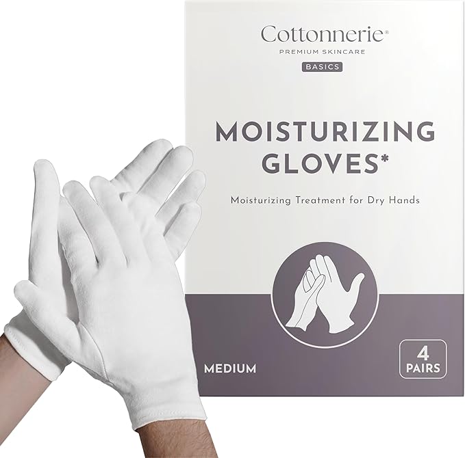 Cottonnerie Basics Cotton Gloves for Dry Hands Sleeping, Moisturizing Gloves Overnight, Hand Moisturizer Gloves, Moisture Gloves for Dry Hands Overnight, Sleeping Gloves, Medium 4 Pairs