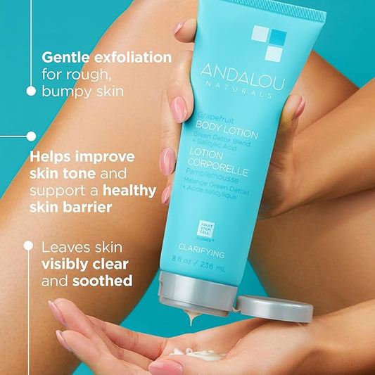 Andalou Naturals Body Lotion, Clarifying Grapefruit Skin Care, Lightweight, Gentle Exfoliating & Moisturizing Lotion with Salicylic Acid & Tea Tree for Skin Prone to Back Acne & Blemishes, 8 fl oz