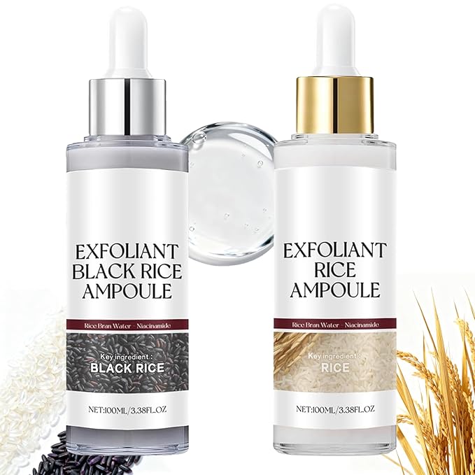 Glow Rice Ampoule Duo Day & Night - 2PCS White & Black Rice Peeling Ampoule for Face & Body, Gentle Peel to Remove Dead Skin & Blackheads, Rejuvenating Hydration Exfoliant for All Skin Types 100ml